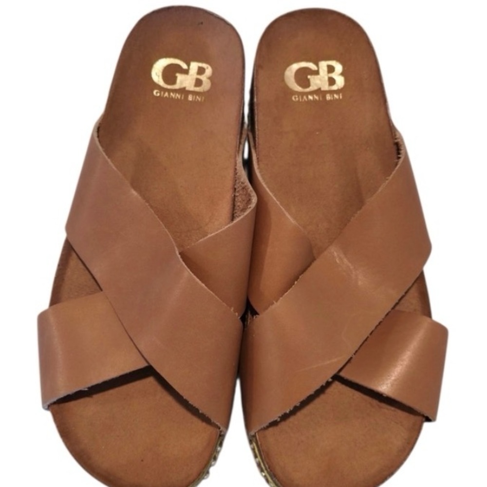 Gianni Bini Tan Leather Crossover Slide Mules